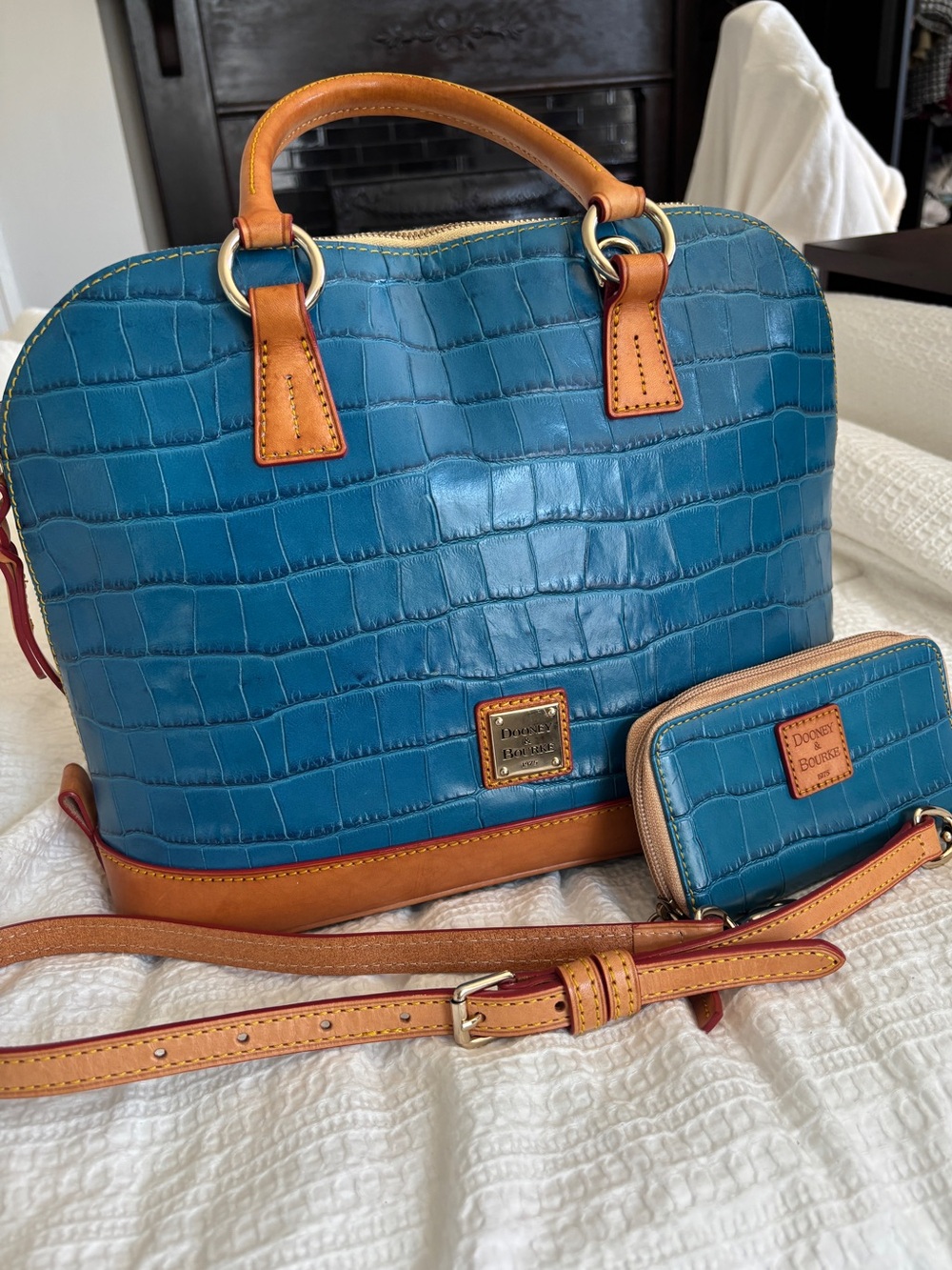 Dooney & Bourke Oakdale Zip Marine Blue Croc Embossed Satchel w Matching Wallet